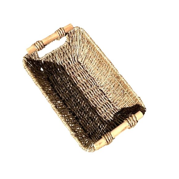 WOODEN WITH HANDLES STRAW HAND-WOVEN WICKER STORAGE BASKET - Picture 2 of 5